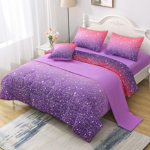Jqinhome Twin Pink Purple Purple Conjunto De Edredón, Cama D