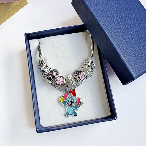 Pulseira Stitch Com Berloques Charme Aço Inoxidável Prata