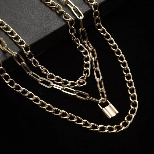 Collar Triple Cadena Con Dije De Candado Elegante Dorado