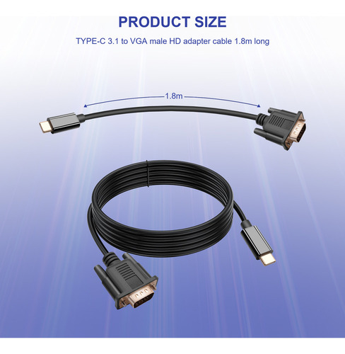 L Cabo Usb C Para Vga 5,9 Pés/1,8 M, Cabo Usb C Para Vga,
