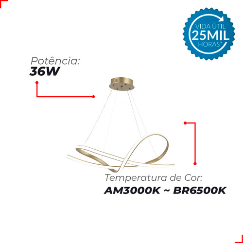 Lustre Pendente 36w 3 Em 1 Teto Led Eva 3000k/6500k Dourado