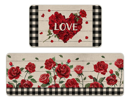 Juego De 2 Alfombras De Cocina Con Flores Rojas Para El Día