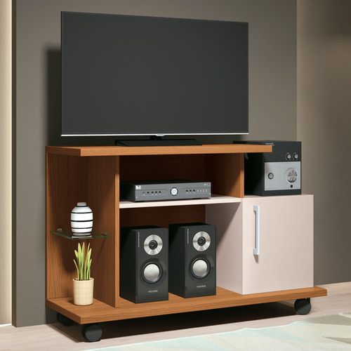 Rack P/ Sala Pequena Tv Até 26 100cm Marte Off/cinamomo Cor Creme