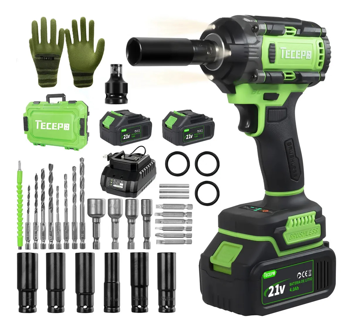 Chave de Impacto 400Nm Sem Escova Tecepo com 2 Baterias 4Ah Verde-Limão 60Hz