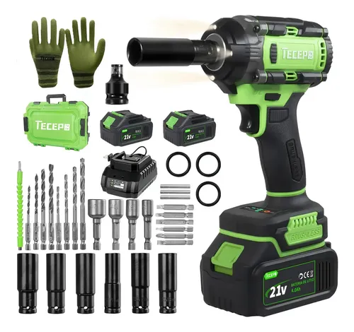 Chave De Impacto 400n.m Sem Escova Tecepo Com 2 Baterias 4ah Verde