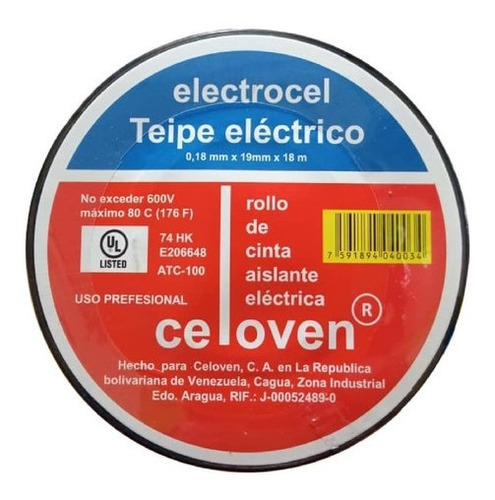 Teipe Eléctrico Celoven Electrocel 1918 N 19 Mm X 18 M 6 Und