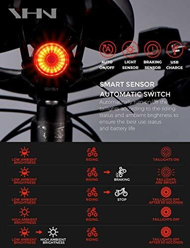 YHN Smart Bike Tail Light Ultra Bright USB Rechargeable Ultra Bright Light for Road MTB Mountain Bikes Brake Automatic Sensing Auto On/Off Back Cycling Flashing Safety Warning Lamp 