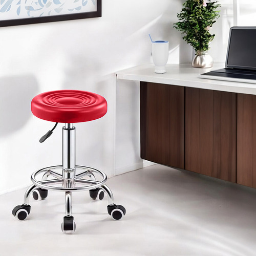 2 Taburetes Giratorios Ajustables Con Ruedas Silla De Bar Estructura de la silla Plateado Asiento Rojo