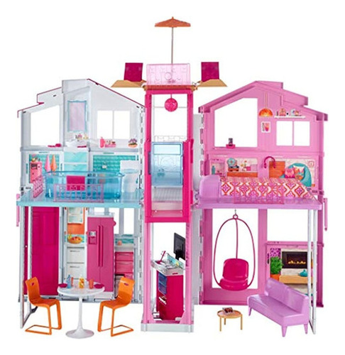 Casa De Barbie De 3 Pisos Con Sombrilla Emergente, Multicolo