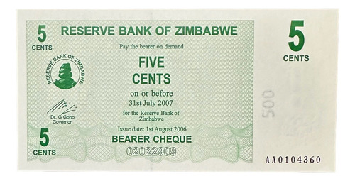 Zimbabwe - 5 Cents - Año 2007 - P #34 - Africa - Cheque
