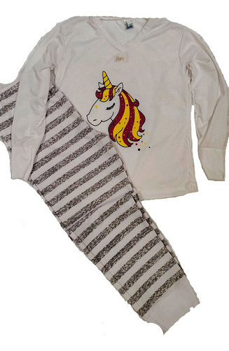 Pijama Infantil Unicornio. Pantalon A Rayas. Invierno