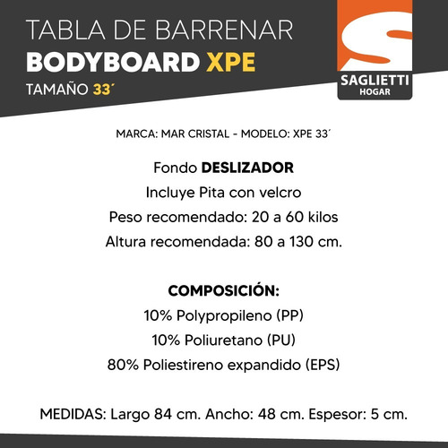Imagen 3 de 8 de Tabla Barrenar Deslizador Xpe 33' 84 Cm Barrenador Bodysurf