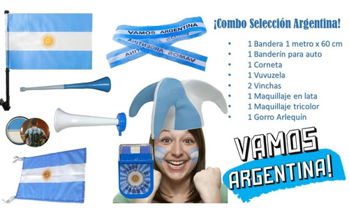 Imagen 2 de 10 de Combo Mundial Bandera Gorro Corneta Vuvuzela Vamos Argentina