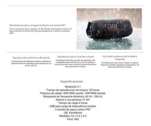 Imagen 9 de 10 de Parlante Jbl Charge 5 Bluetooth Resistencia Ip67 Loi