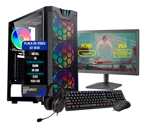 Pc Gamer Completo I5 3470 16gb Gt 1030 Ssd 480gb Monitor 19'