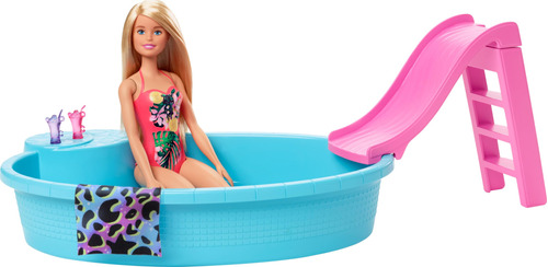 Barbie Muñeca Y Juego De Piscina Con Tobogán Rosado, Accesor