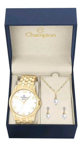 Relógio Feminino Dourado Champion Cn26260w Com Colar Brinco