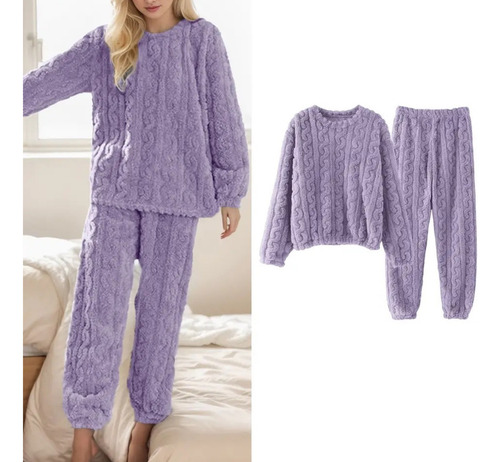 Conjunto Pijama Plush Lana Trenzado Invierno Mujer
