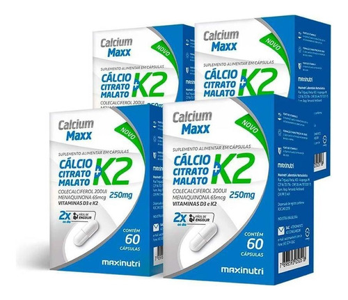 Kit 4 Calcium Max Cálcio Citrato Malato K2 60 Cáps Maxinutri