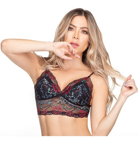 Bralette Escote Triangular Encaje Copas Espuma Broches Mujer