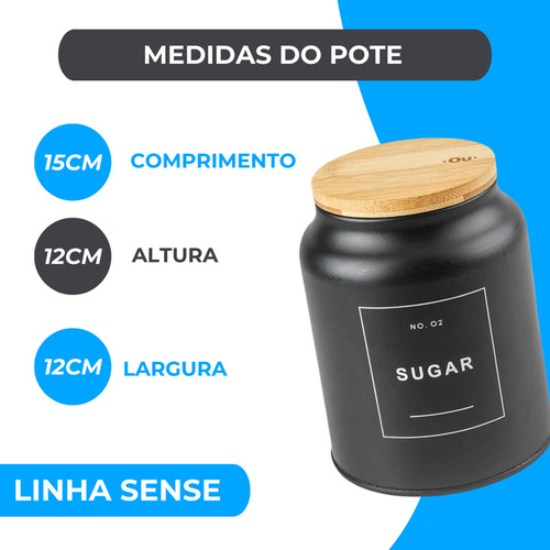 Pote De Açucar Sense Sugar Preto Fosco Com Tampa De Bambu