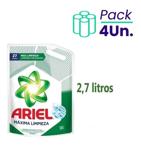 Pack X4 Jabon Liquido Para Ropa Maxima Limpieza Ariel 2,7lt