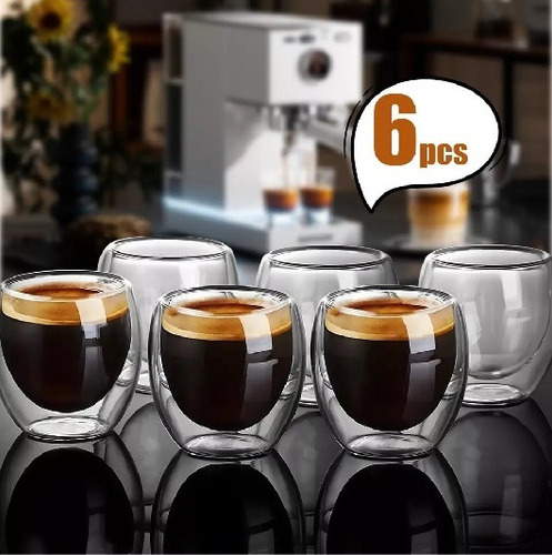 Set 6 Tazas Espresso Doble Pared 80ml Frio Caliente Sin Asa
