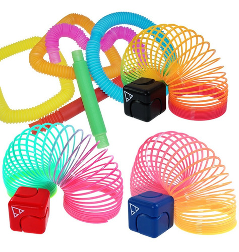 Imagen 2 de 8 de Kit Tubo Pop It Antiestre Cubo Giratorio Resorte Gusano 8pz