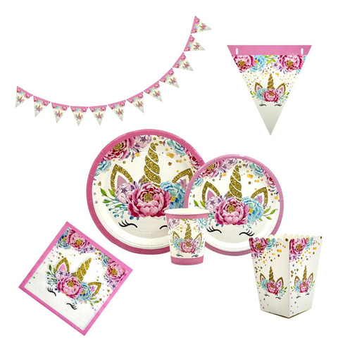 Set Platos, Vasos, Servilletas, Banderin  Unicornio Chic 