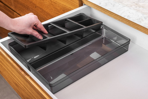 Organizador de cajones transparente para cubiertos con soporte para utensilios, color negro