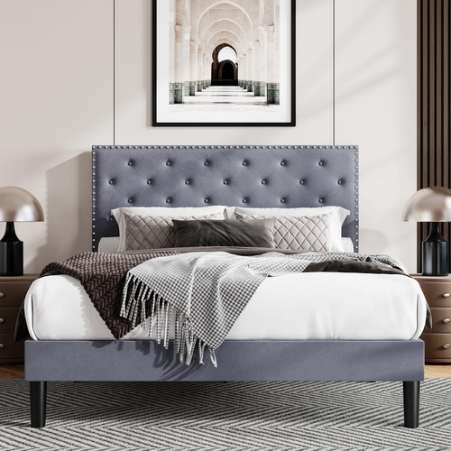 Base De Cama Matrimonial Tapizada En Terciopelo Ajustable