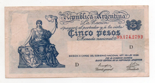 Billete 5 Pesos Moneda Nacional Progreso Bottero 1854 Mb