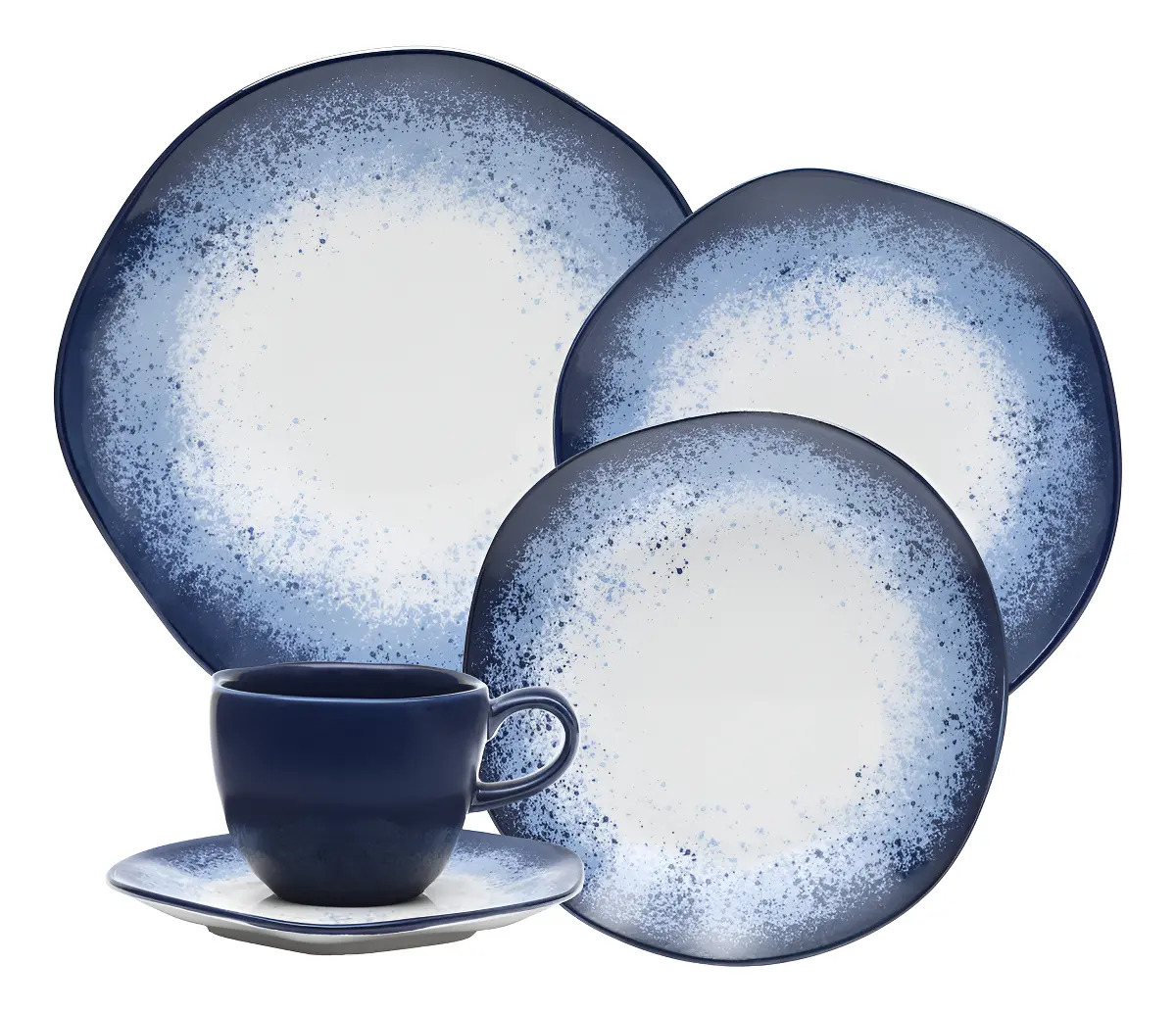 Aparelho De Jantar 20 Peças Galapagos Ryo Oxford Porcelana Branco E Azul  Estampado