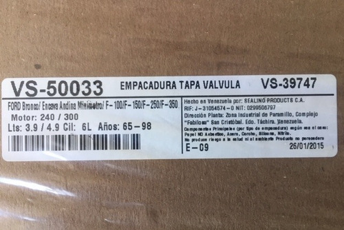 Empacadura Tapa V. F-100/150/250/350 M-240/300 6 Cil.(65-98)