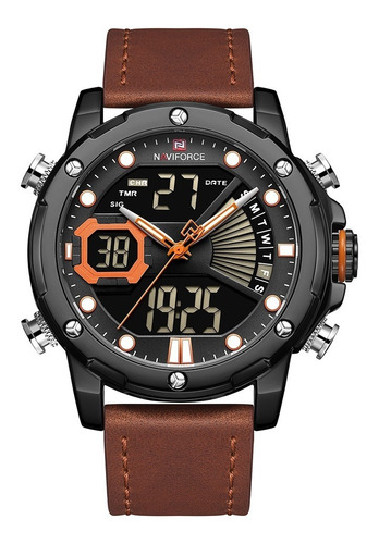 Reloj de pulsera Naviforce NF9172 de cuerpo color negro, analógico-digital, fondo negro, con correa de cuero color marrón, agujas color plateado, blanco y naranja, dial blanco y naranja, minutero/segundero blanco, bisel color negro, luz verde y hebilla simple