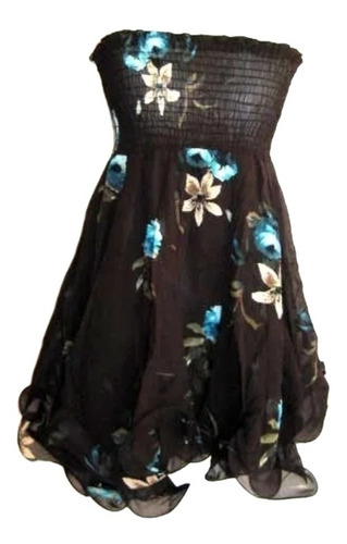 Vestido, Fiesta, Gasa Cafe/azul/flores Strapless , Talla S