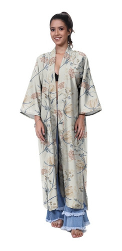 Kimono Haori Casaco Longo Oni Cisne Floral Japão Onda Mar