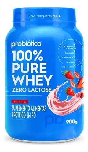 Whey Protein Probiotica Sem Lactose 100% Pure Morango 900g