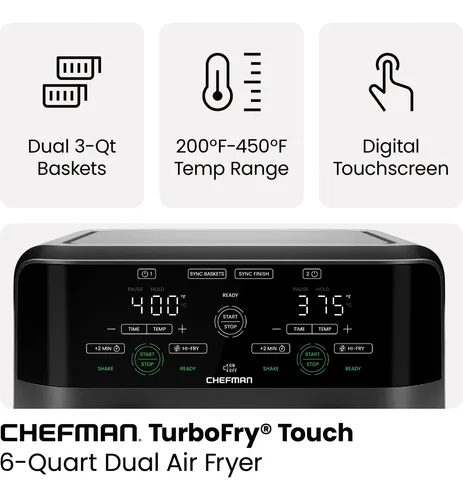 Air Fryer Chefman Dual Basket, Pantalla Táctil Digital De 6