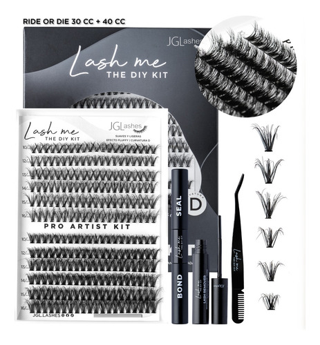 Jglashes Lash Me. Pro Artist Kit Extensiones De Pestañas Diy Color Ride or die 30cc y 50cc Bond negro Espesor 1 mm Largo 10 mm Tipo de curvatura D