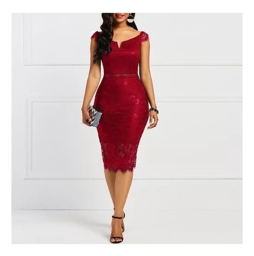 Vestido De Mujer Elegante Con Cuello En V Y Encaje Ajustado