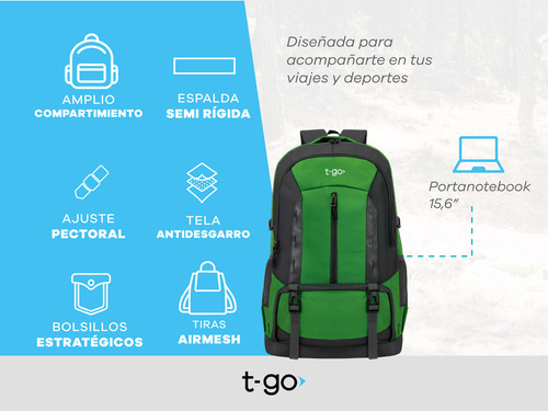 Mochila Táctica Viaje T-go Urbana 47 Litros Equipaje Cabina Color Verde Diseño de la tela Liso