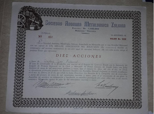 Dificil Titulo Accion S.a. Metalurgica Zuliana 1949 Zulia