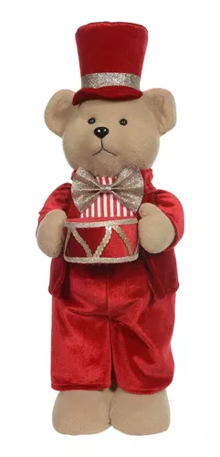 Urso Xadrez Tocando Tambor Vermelho 40cm - Natal da 25