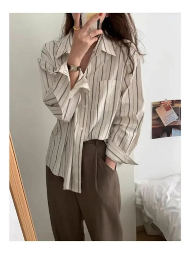 Camisa De Manga Larga Con Botones A Rayas Para Mujer