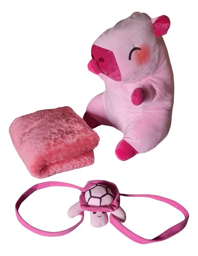 Peluche Capibara Grande Con Manta Y Mochila Tortuga Rosa Pálido