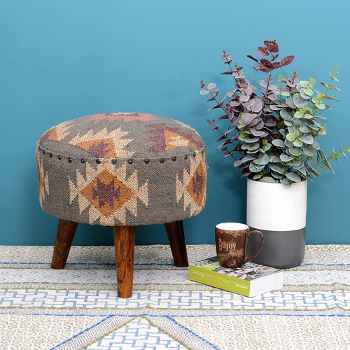 Taburete Kilim De Madera De Tamaño Pequeño Con Acabad...