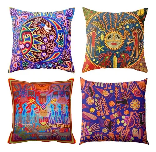 V Juego 4 Fundas Arte Huichol Mexicano Artesanal Cojín En