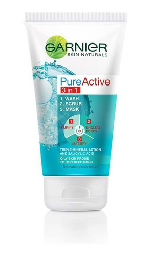 Garnier Skin Naturals Pure 3 En 1 Lavado+exfoliante+máscara: