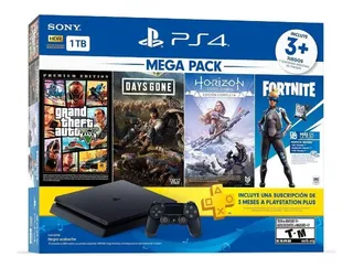 Sony PlayStation 4 Slim 1TB Mega Pack: Grand Theft Auto V Premium Edition/Days Gone/Horizon Zero Dawn Complete Edition/Fortnite cor preto onyx